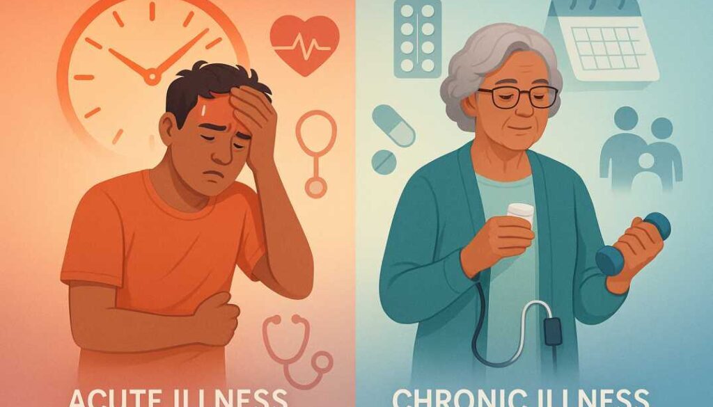 Comparison illustration showing acute versus chronic disease - left side depicts person with sudden illness symptoms and urgent timeline, right side shows individual managing long-term health conditions with steady care routine
