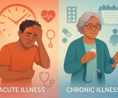 Comparison illustration showing acute versus chronic disease - left side depicts person with sudden illness symptoms and urgent timeline, right side shows individual managing long-term health conditions with steady care routine