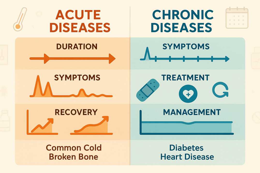 Infographic comparing acute and chronic diseases showing differences in duration, symptoms, treatment approaches, and recovery patterns with visual timelines and medical icons