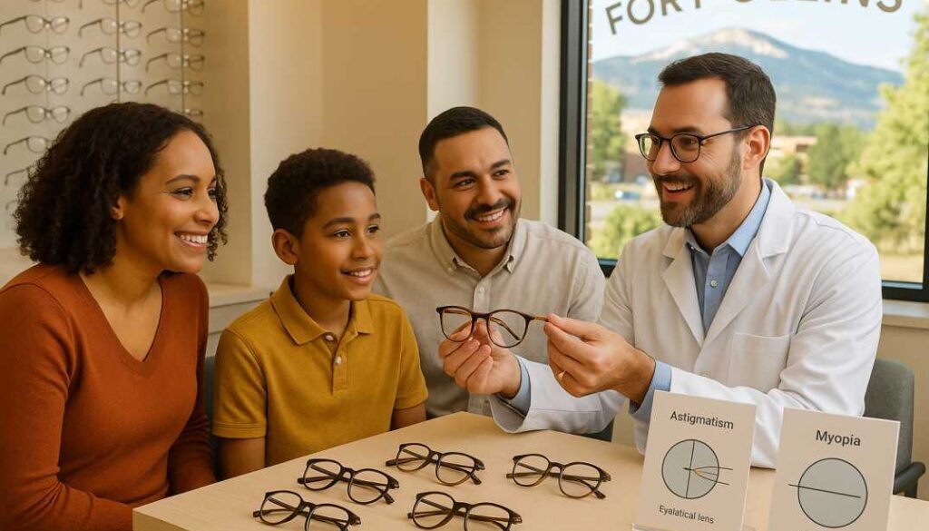 Fort Collins optometrist explaining glasses for astigmatism and myopia to a family, showing different prescription lenses types in a modern eye care clinic.