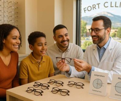 Fort Collins optometrist explaining glasses for astigmatism and myopia to a family, showing different prescription lenses types in a modern eye care clinic.