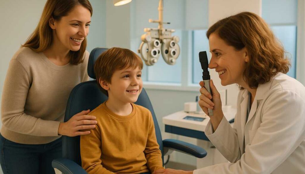 Professional eye doctor examining young child's vision during comprehensive eye exam while parent observes in modern pediatric optometry clinic