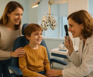 Professional eye doctor examining young child's vision during comprehensive eye exam while parent observes in modern pediatric optometry clinic