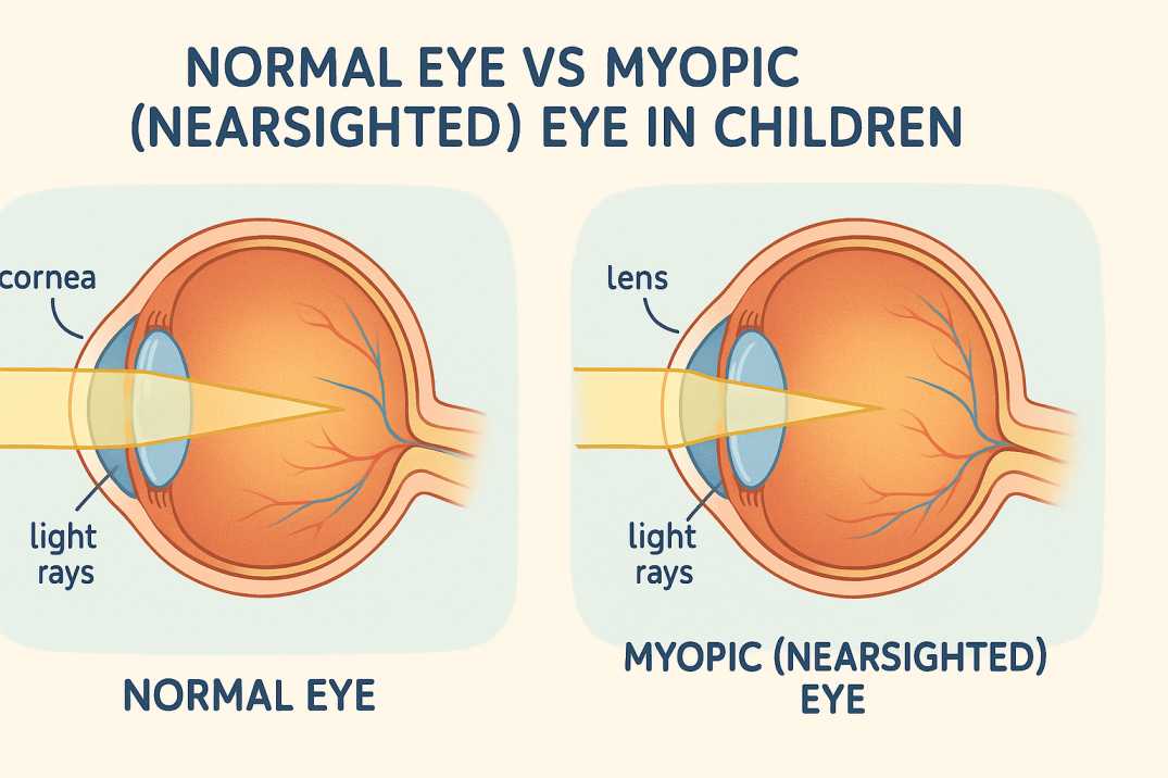Medical diagram comparing normal eye versus myopic eye in children, showing how light focuses in front of retina causing nearsightedness
