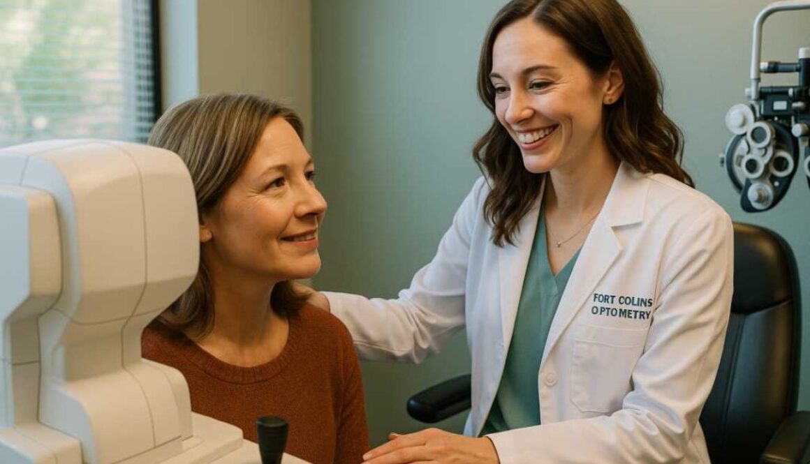 Annual eye exam Fort Collins - optometrist examining patient with modern diagnostic equipment at Poudre Valley Eyecare