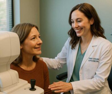 Annual eye exam Fort Collins - optometrist examining patient with modern diagnostic equipment at Poudre Valley Eyecare