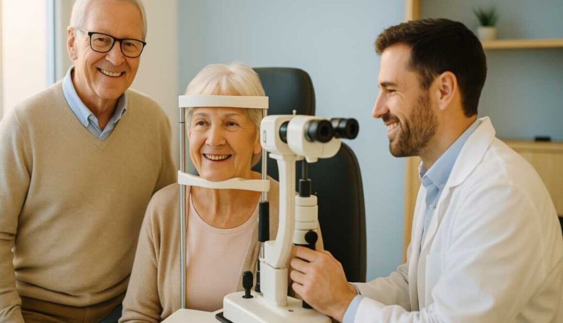 Senior woman receiving comprehensive eye exam from caring optometrist while husband watches, representing early detection of common age-related eye diseases