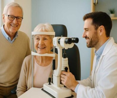 Senior woman receiving comprehensive eye exam from caring optometrist while husband watches, representing early detection of common age-related eye diseases