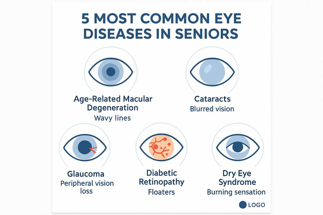 Infographic showing five most common eye diseases affecting seniors over 60 including macular degeneration cataracts glaucoma diabetic retinopathy and dry eye with early warning symptoms