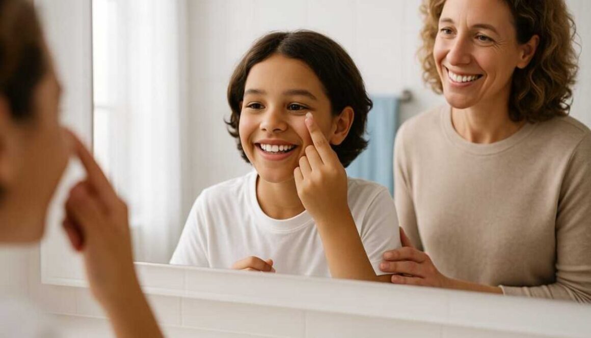 Confident 10-year-old child inserting contact lens in mirror with parent's supportive presence in Fort Collins home