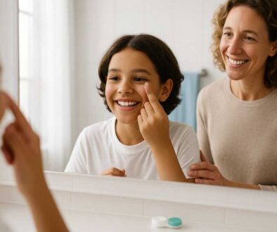 Confident 10-year-old child inserting contact lens in mirror with parent's supportive presence in Fort Collins home