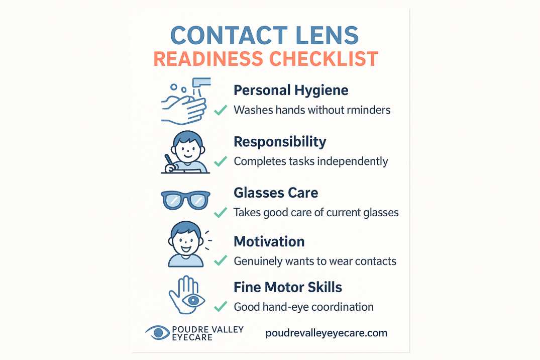 Infographic checklist showing 6 signs child is ready for contact lenses including hygiene habits and maturity indicators