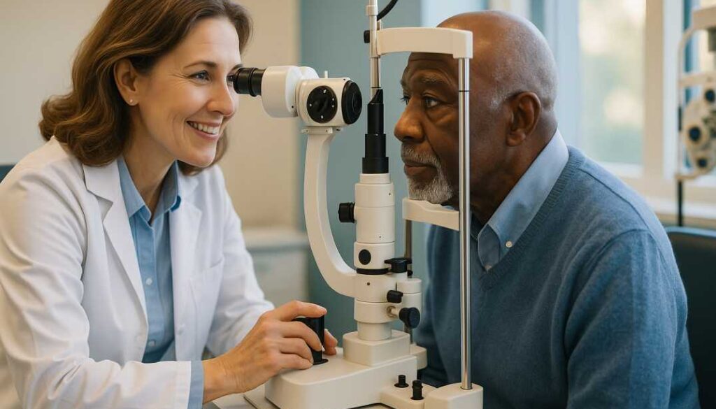 Senior patient receiving comprehensive eye examination for glaucoma and macular degeneration at Poudre Valley Eyecare in Fort Collins