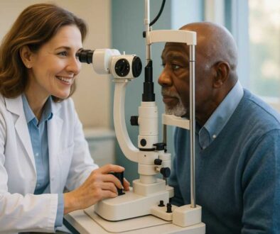 Senior patient receiving comprehensive eye examination for glaucoma and macular degeneration at Poudre Valley Eyecare in Fort Collins