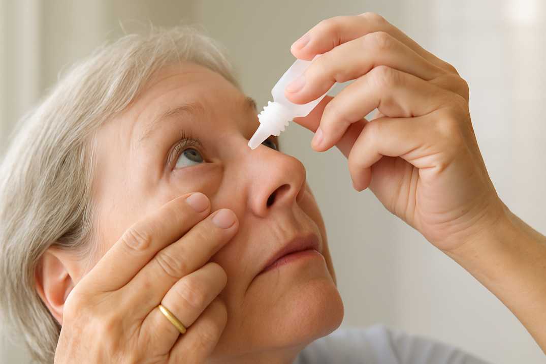 Step-by-step demonstration of proper eye drop application technique for seniors managing glaucoma medication