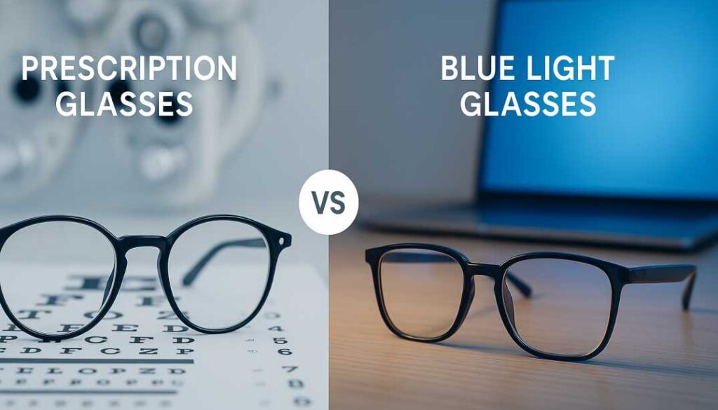 Side-by-side comparison of prescription glasses with clear lenses on an eye chart next to blue light blocking glasses with amber-tinted lenses beside a laptop computer