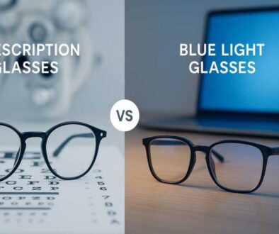 Side-by-side comparison of prescription glasses with clear lenses on an eye chart next to blue light blocking glasses with amber-tinted lenses beside a laptop computer