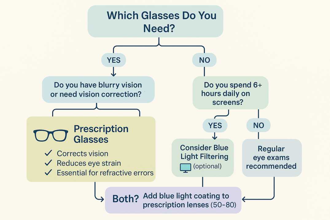 Decision tree flowchart helping readers determine whether they need prescription glasses, blue light glasses, or both, based on vision problems and screen usage