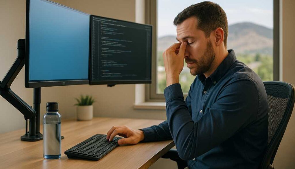 Fort Collins professional experiencing digital eye strain symptoms while working at ergonomically optimized computer workstation with dual monitors and Colorado mountain views
