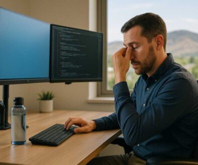 Fort Collins professional experiencing digital eye strain symptoms while working at ergonomically optimized computer workstation with dual monitors and Colorado mountain views