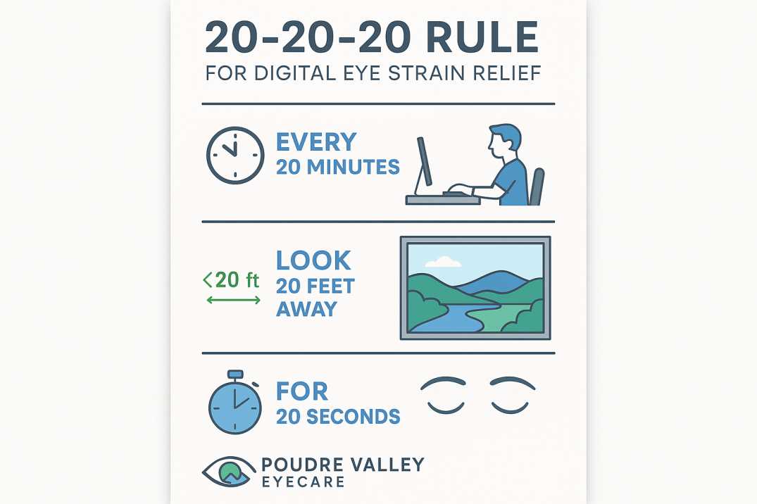Infographic explaining 20-20-20 rule for computer vision syndrome relief: look 20 feet away every 20 minutes for 20 seconds, featuring Fort Collins Cache la Poudre Trail views