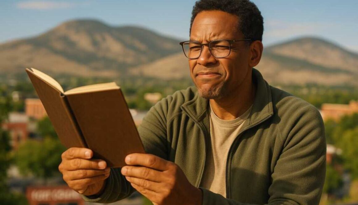Fort Collins resident experiencing presbyopia reading difficulty after 40, holding reading material at arm's length with mountain foothills in background