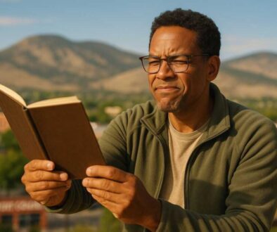 Fort Collins resident experiencing presbyopia reading difficulty after 40, holding reading material at arm's length with mountain foothills in background