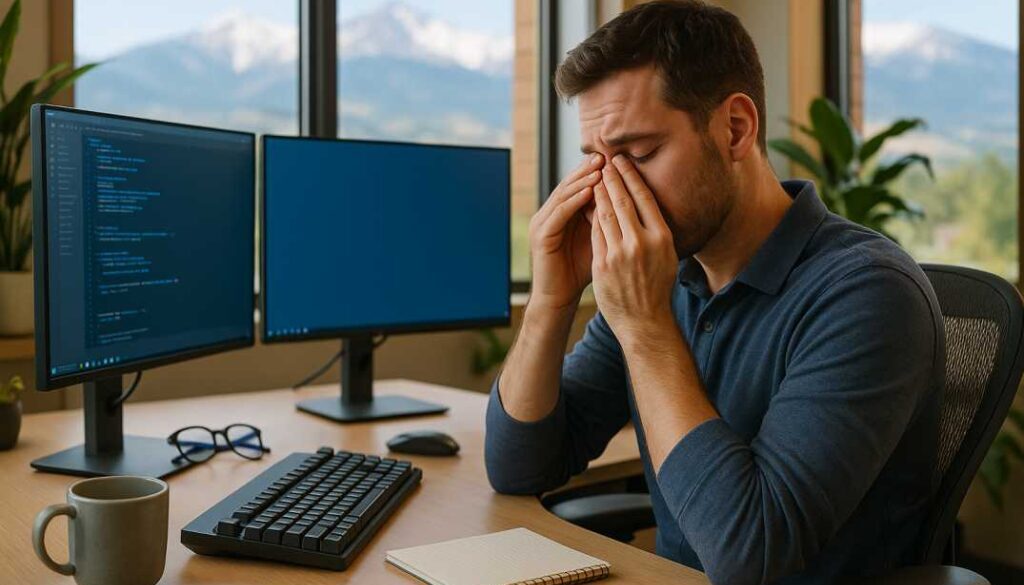 Fort Collins tech worker experiencing digital eye strain while working at dual monitor computer setup with unused blue light blocking glasses on desk