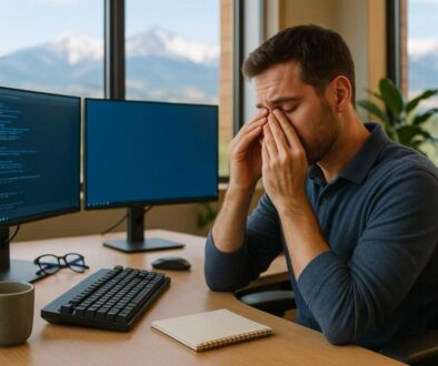 Fort Collins tech worker experiencing digital eye strain while working at dual monitor computer setup with unused blue light blocking glasses on desk