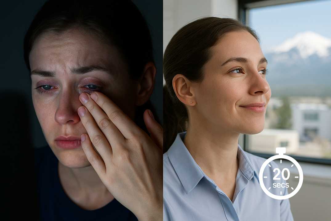 Comparison of eye strain from prolonged screen time versus relief from following the 20-20-20 rule with proper breaks and ergonomic workspace setup