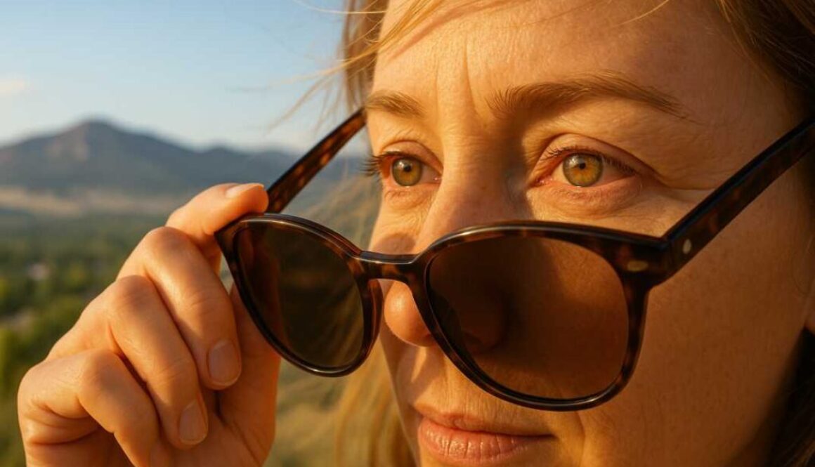 "Person experiencing dry eye symptoms against Fort Collins Colorado landscape background with Rocky Mountain foothills"