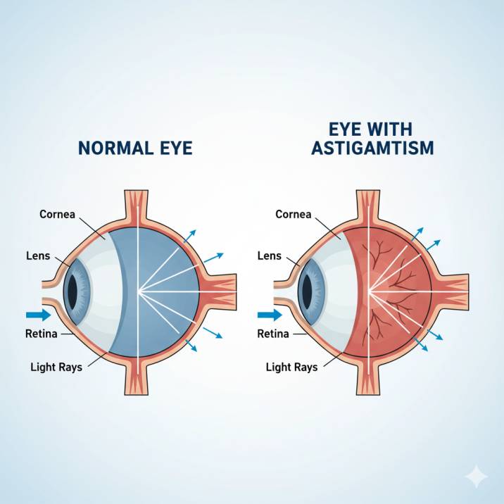 Medical diagram comparing normal eye anatomy with astigmatic eye showing irregular corneal curvature and multiple focal points causing blurred vision