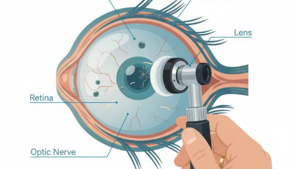 Eye doctor examining patient for flashes and floaters showing cross-section of eye with visible floaters and retinal examination