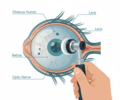 Eye doctor examining patient for flashes and floaters showing cross-section of eye with visible floaters and retinal examination