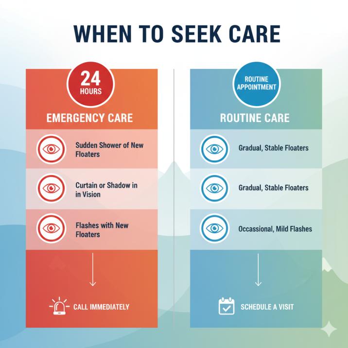 Infographic showing when flashes and floaters require emergency care versus routine eye appointment with symptom comparison chart