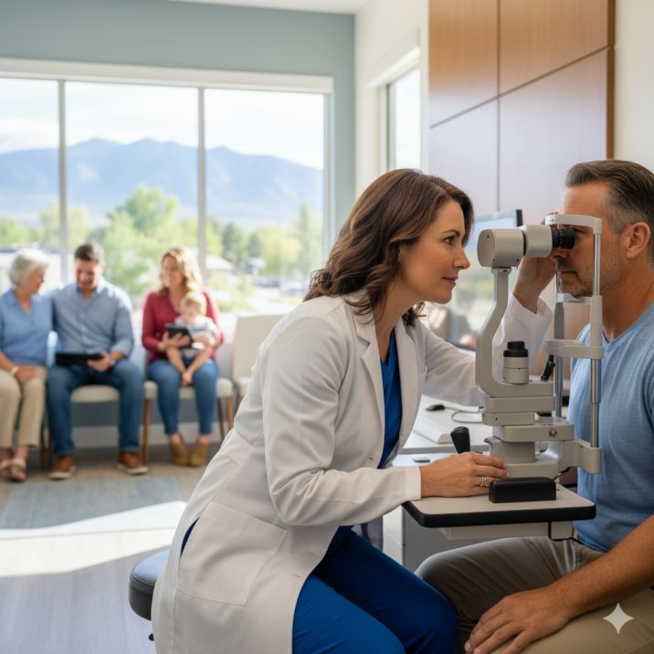 Comprehensive eye examination at Poudre Valley Eyecare Fort Collins - experienced eye doctor using advanced diagnostic equipment for emergency vision care