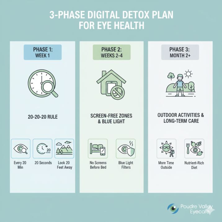 Three-phase digital detox plan infographic showing progressive steps to reduce screen time eye strain and protect vision health