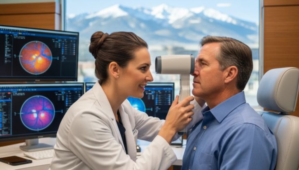 Fort Collins eye doctor at Poudre Valley Eyecare examining patient for digital eye strain symptoms using advanced diagnostic equipment