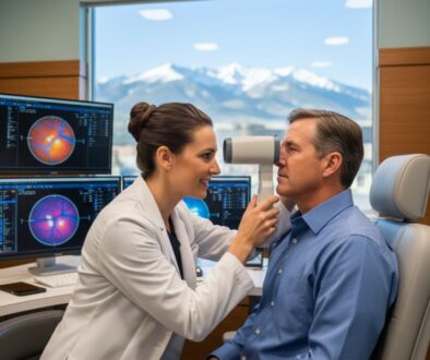 Fort Collins eye doctor at Poudre Valley Eyecare examining patient for digital eye strain symptoms using advanced diagnostic equipment