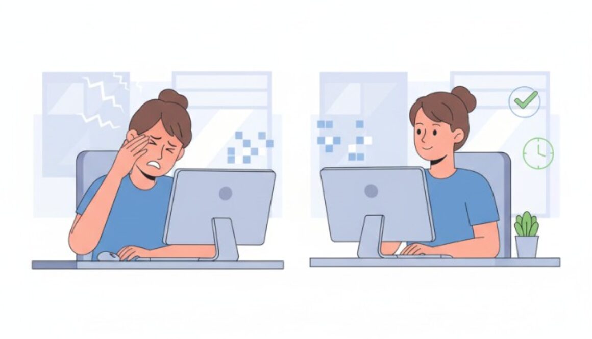 Split-screen illustration comparing digital eye strain symptoms versus proper ergonomic computer workspace setup for eye health