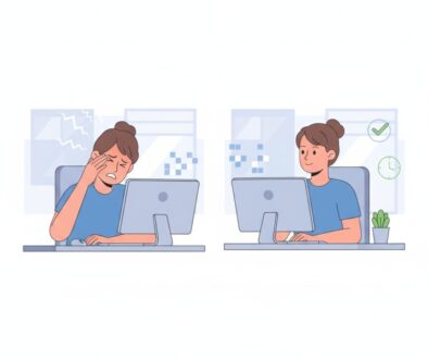Split-screen illustration comparing digital eye strain symptoms versus proper ergonomic computer workspace setup for eye health