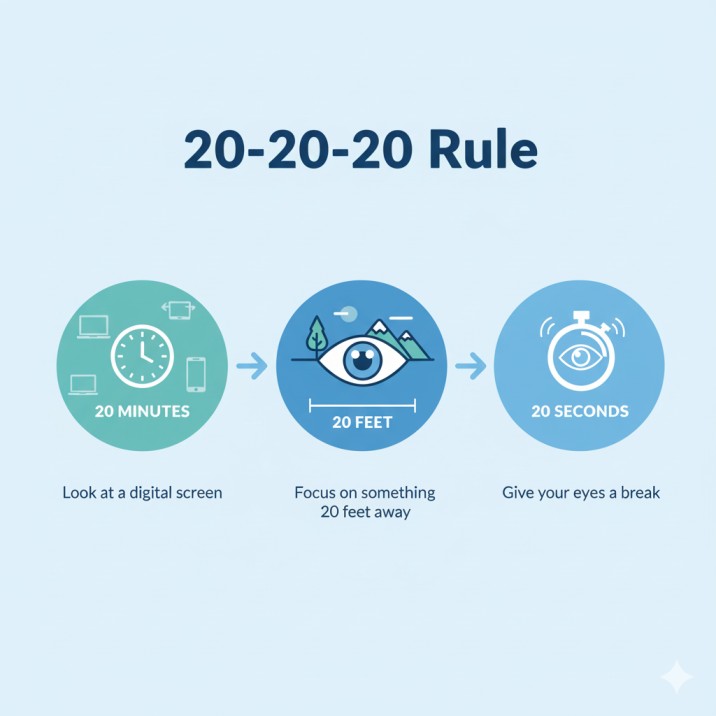 20-20-20 rule infographic showing how to prevent digital eye strain: every 20 minutes, look 20 feet away for 20 seconds