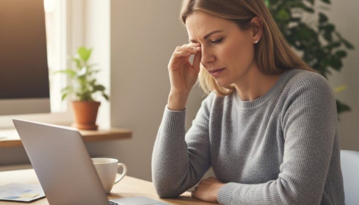 Remote worker experiencing digital eye strain while working from home office, rubbing tired eyes at computer desk