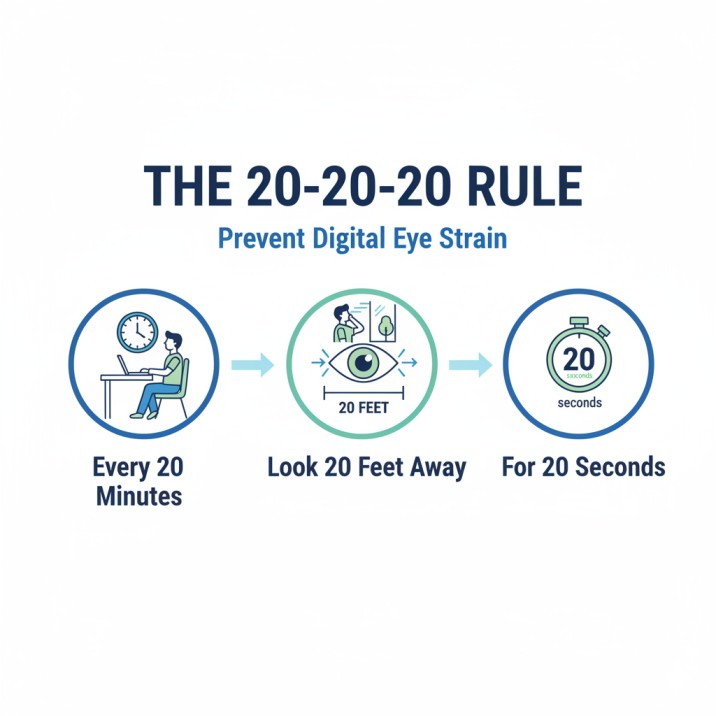 20-20-20 rule infographic for preventing computer vision syndrome - look 20 feet away every 20 minutes for 20 seconds
