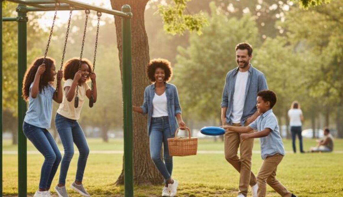 Happy family with children playing outdoors in park - natural light activities to reduce kids screen time and protect eye health in Fort Collins Colorado