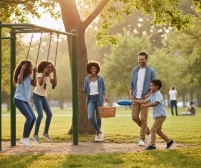 Happy family with children playing outdoors in park - natural light activities to reduce kids screen time and protect eye health in Fort Collins Colorado