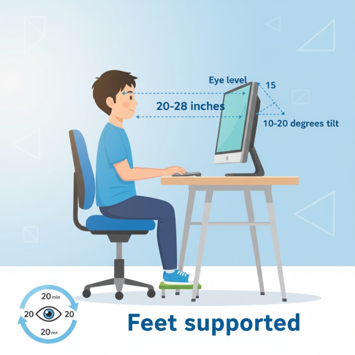 Proper ergonomic screen setup for children showing correct posture distance and positioning to prevent digital eye strain and support healthy vision development