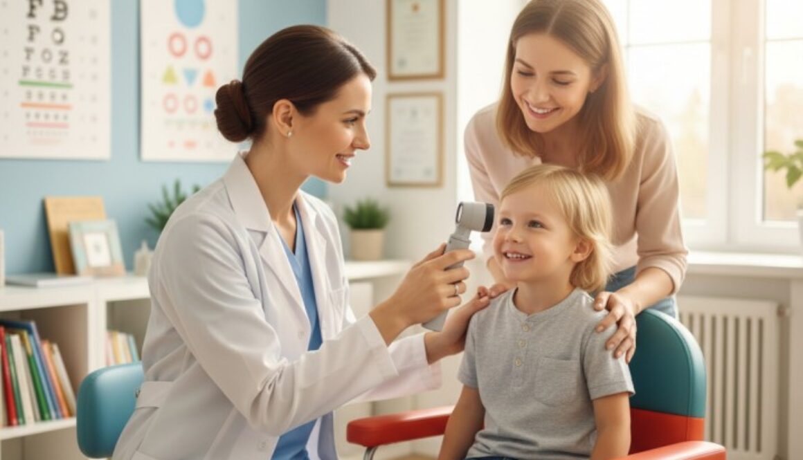 Pediatric eye doctor examining 5-year-old child for lazy eye treatment at Fort Collins family eye care clinic