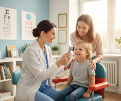 Pediatric eye doctor examining 5-year-old child for lazy eye treatment at Fort Collins family eye care clinic