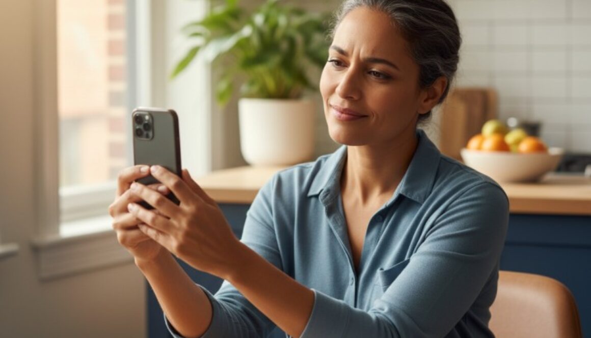 Person holding smartphone at arm's length realizing they need reading glasses at 45 - presbyopia symptoms